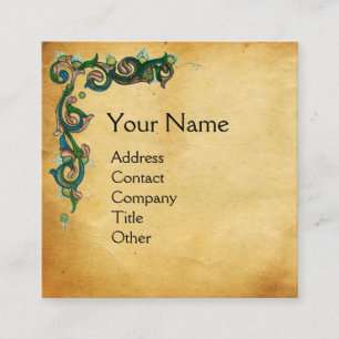 UNICORN /Antique Floral Brown Parchment Monogram Square Business Card