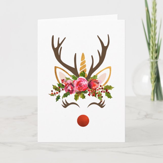 Unicorn Antler / Christmas Flowers Holiday Card (Front)