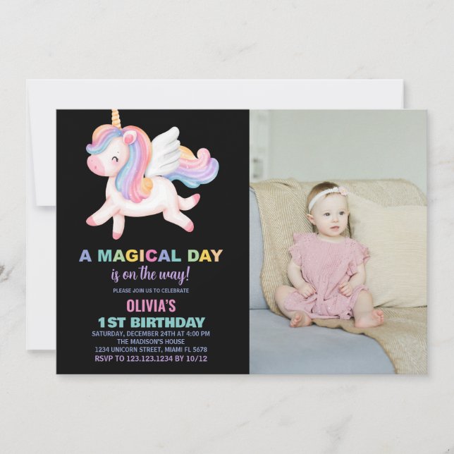Unicorn Arc en ciel Invitations avec photo (Devant)