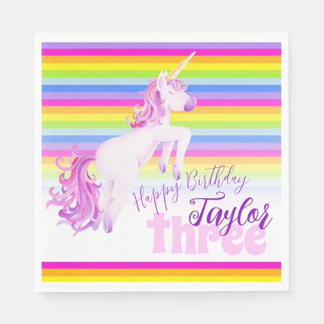 Unicorn art rainbow 3rd birthday named napkins (Front)