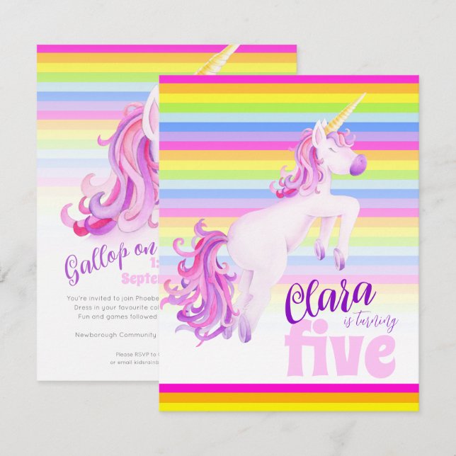 Unicorn art rainbow 5th birthday invitations (Front/Back)