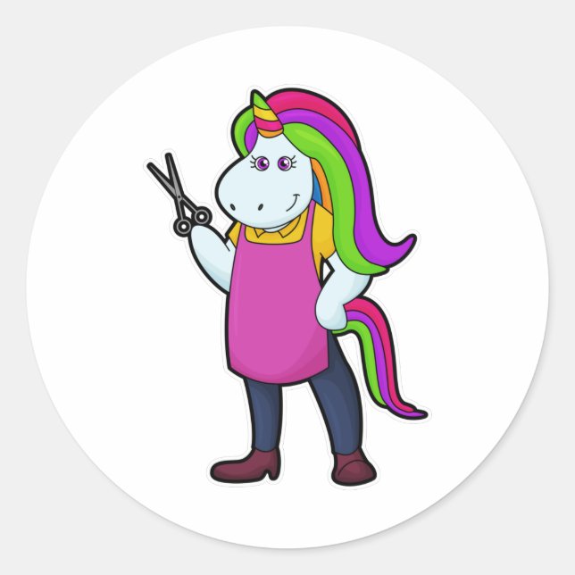 Unicorn as Hairdresser with Scissors Classic Round Sticker (Front)