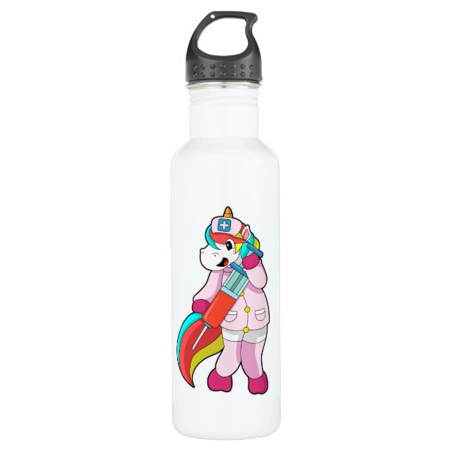 Unicorn as Nurse at Vaccination & Syringe 710 Ml Water Bottle (Front)