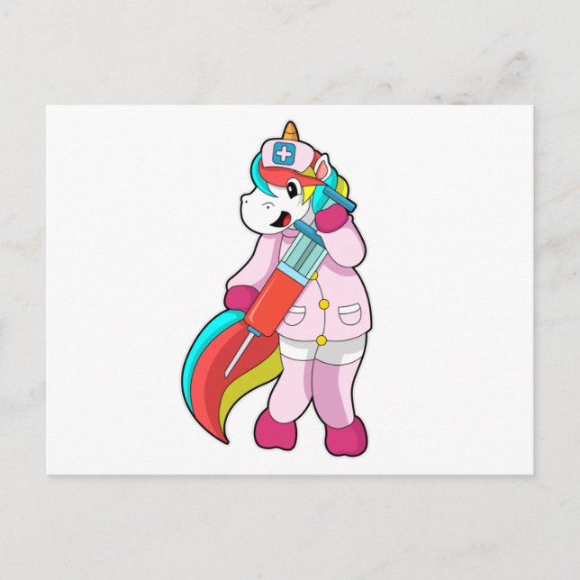 Unicorn as Nurse at Vaccination & Syringe Postcard (Front)