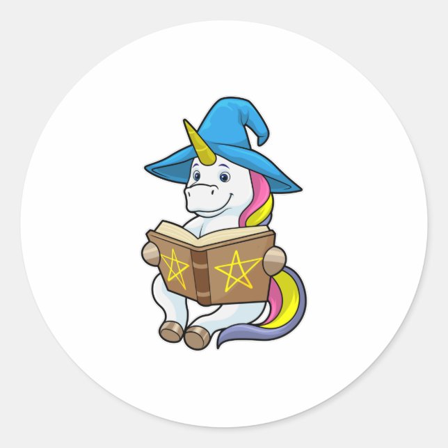 Unicorn as Wizard with Book & Hat Classic Round Sticker (Front)