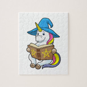 Unicorn as Wizard with Book & Hat Jigsaw Puzzle