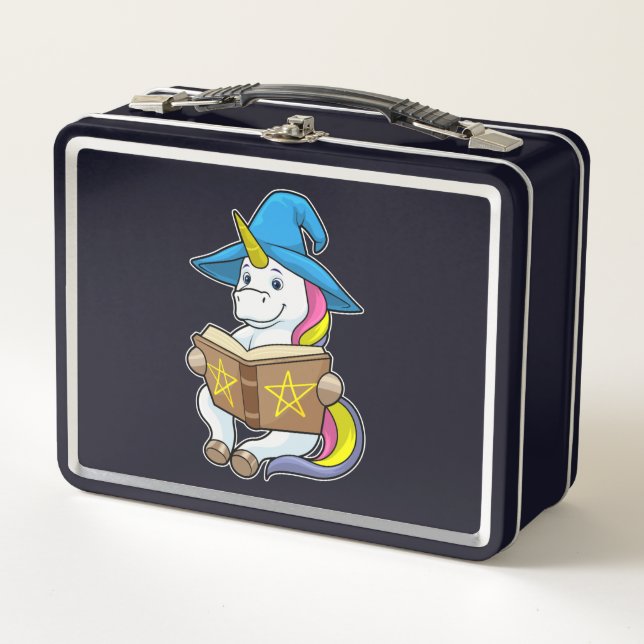 Unicorn as Wizard with Book & Hat Metal Lunch Box (Front)