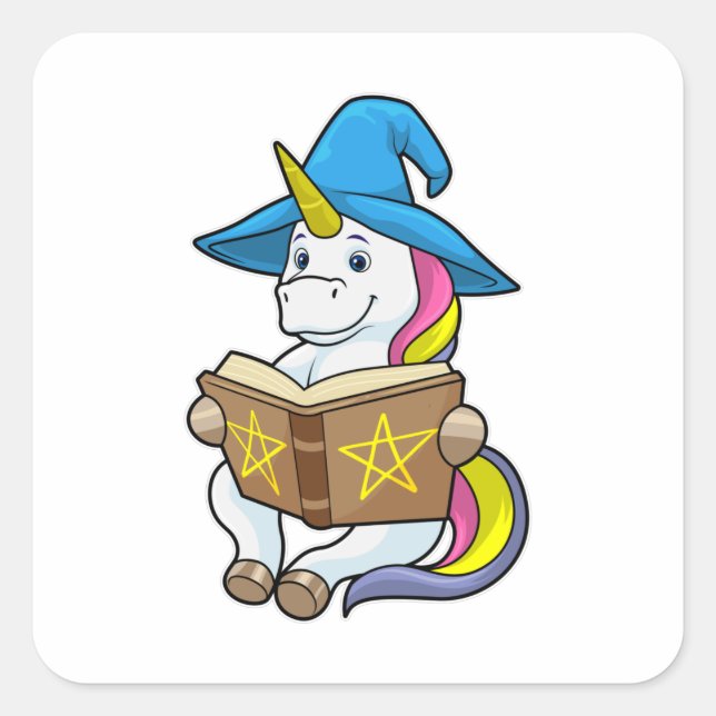 Unicorn as Wizard with Book & Hat Square Sticker (Front)