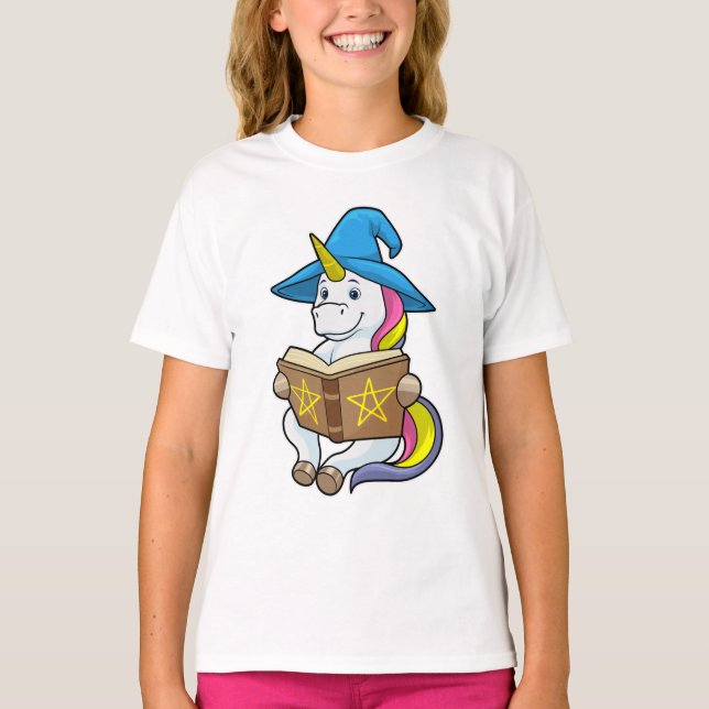 Unicorn as Wizard with Book & Hat T-Shirt (Front)