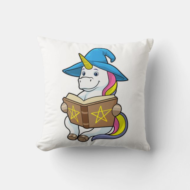 Unicorn as Wizard with Book & Hat Throw Pillow (Front)