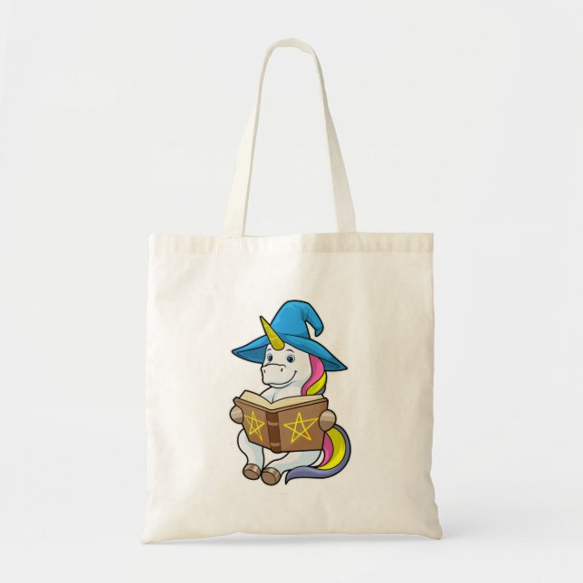 Unicorn as Wizard with Book & Hat Tote Bag (Front)