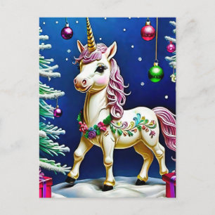 unicorn at christmas postcard