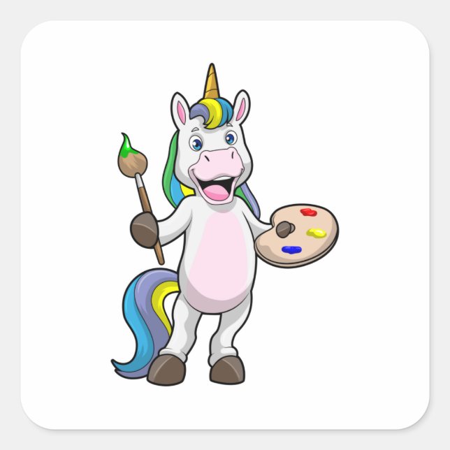 Unicorn at Painting with Brush & Colour Square Sticker (Front)
