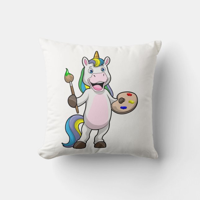 Unicorn at Painting with Brush & Colour Throw Pillow (Front)