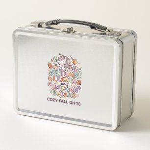 Unicorn Autumn Leaves and Unicorn Dreams Bold Typo Metal Lunch Box