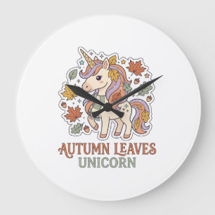 Unicorn Autumn Leaves Unicorn Graphic Design Merch Large Clock