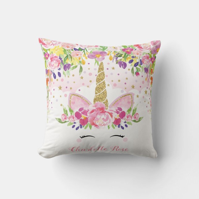 Unicorn Baby Girl Nursery Decor Floral Rainbow Throw Pillow (Front)