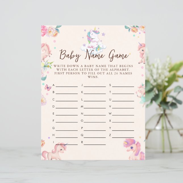 Unicorn Baby Shower Game Baby Name Game (Standing Front)