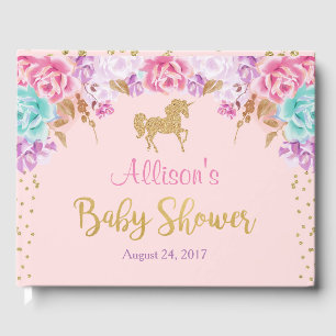 Unicorn baby shower guest book, pink and gold book