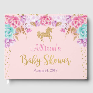 Unicorn baby shower guest book, pink and gold guest book
