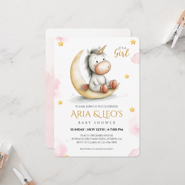 Unicorn Baby Shower Invitation (Front/Back In Situ)