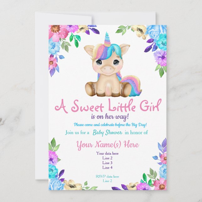 Unicorn Baby Shower invitation, Floral Invitation (Front)