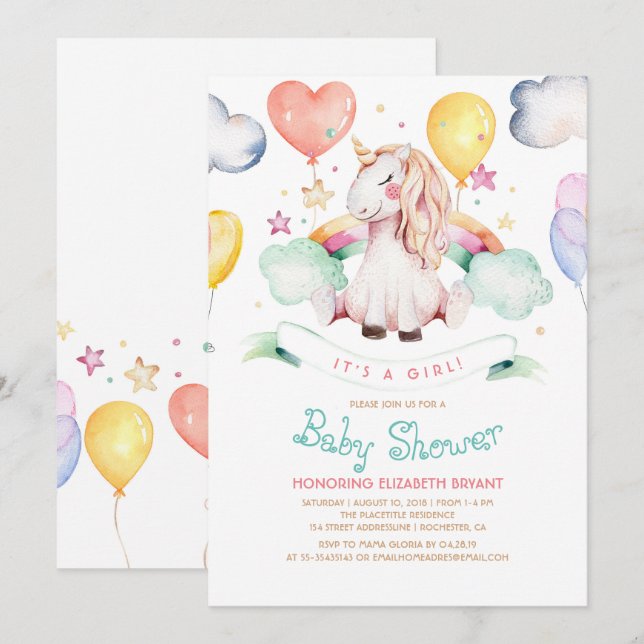 Unicorn Baby Shower Invitation | It's a Girl (Front/Back)