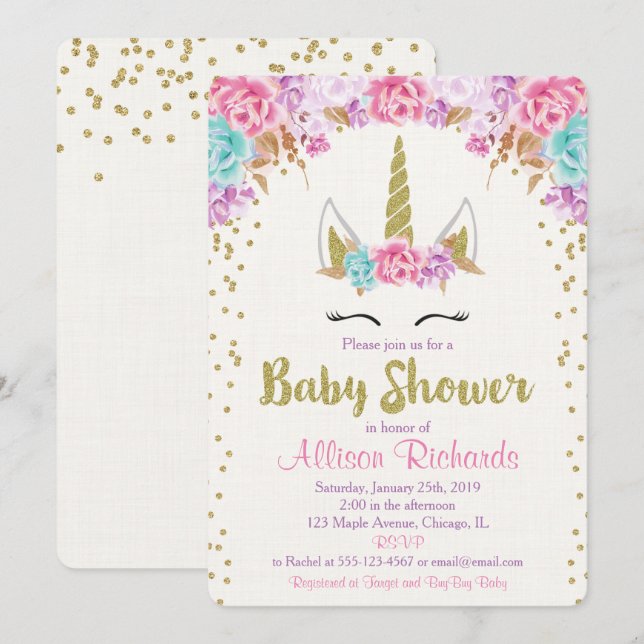 Unicorn baby shower invitation pink and gold (Front/Back)