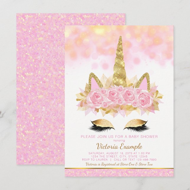 Unicorn Baby Shower Invitations Pink Gold Unicorn (Devant / Derrière)