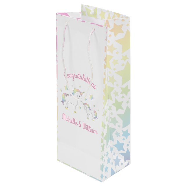 Unicorn Baby Shower Pastel Rainbow Cute Wine Gift Bag (Back Angled)