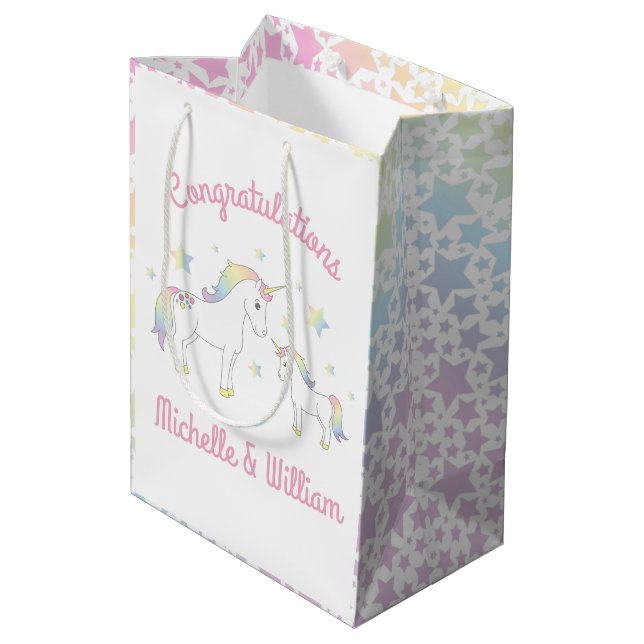 Unicorn Baby Shower Pastel Rainbow Medium Gift Bag (Back Angled)