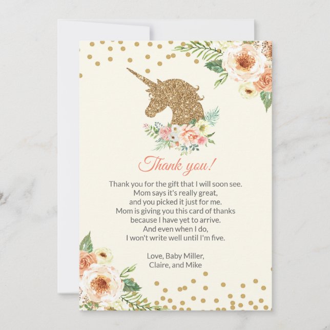 Unicorn Baby Shower Thank You Card Peach Gold (Front)