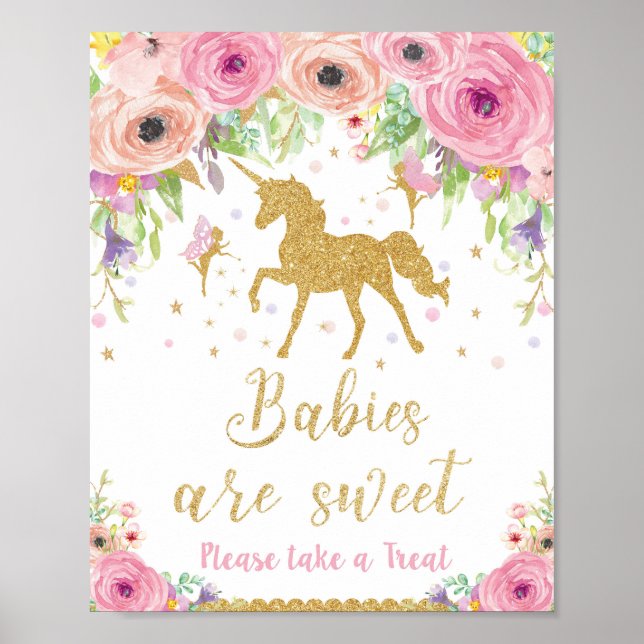Unicorn Baby Shower Treat Favor Sign Poster Girl (Front)