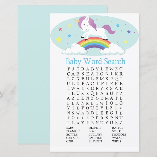 Unicorn Baby Shower Word Search Game (Front/Back)