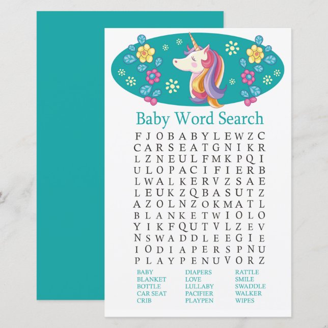 Unicorn Baby Shower Word Search Game (Front/Back)