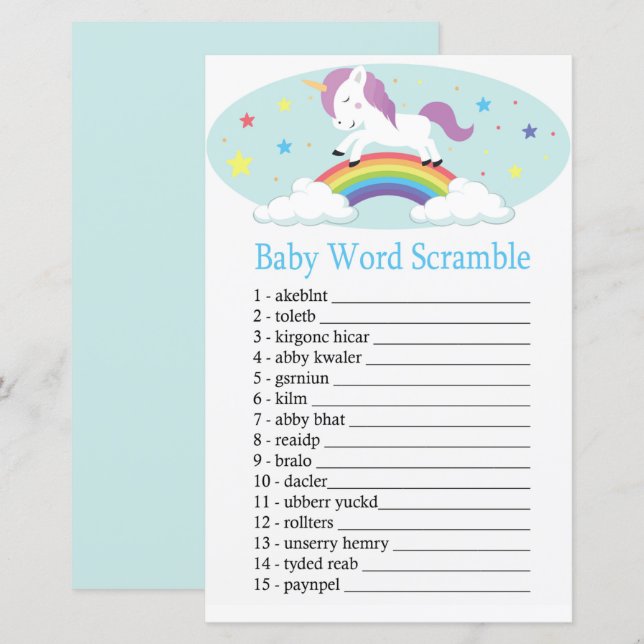 Unicorn Baby word scramble game (Front/Back)