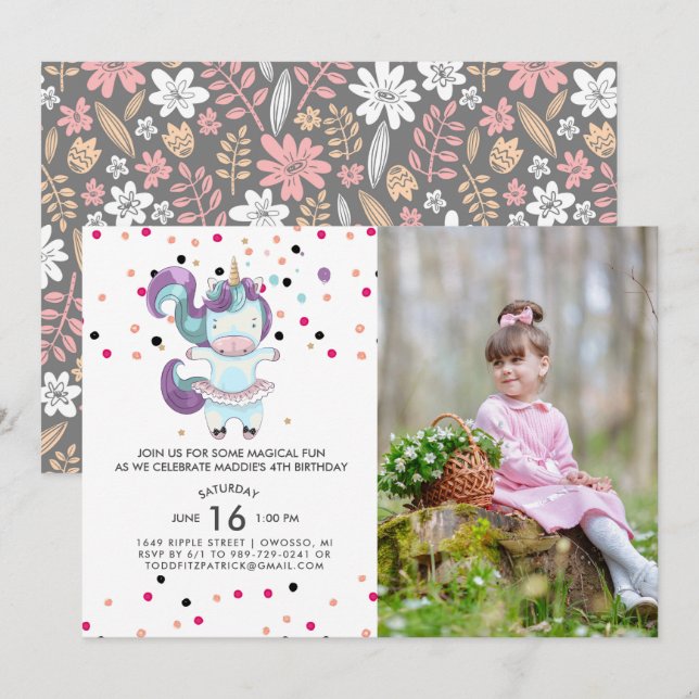 Unicorn Ballerina Birthday Party Invitation (Front/Back)