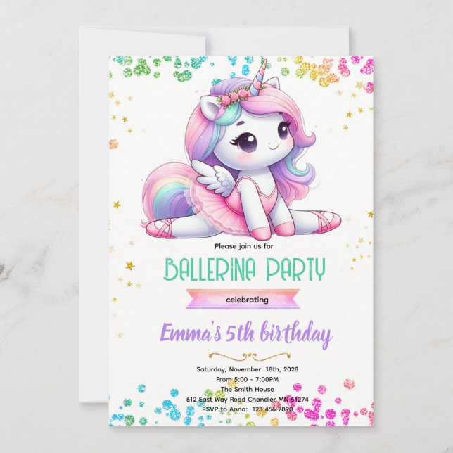 Unicorn ballerina party invitation (Front)