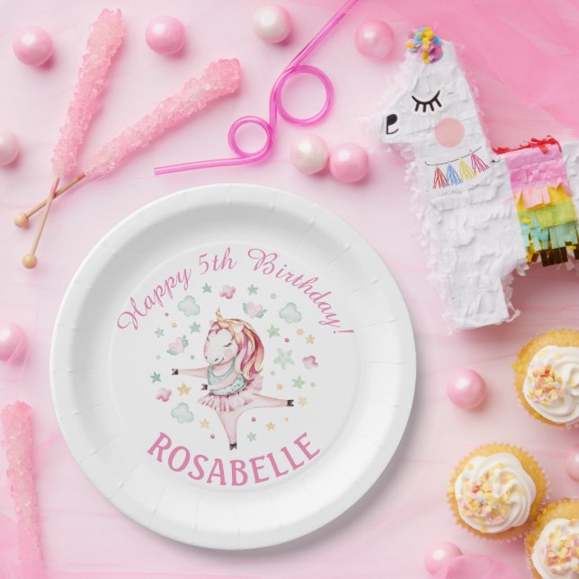 Unicorn Ballerina PInk Birthday Party  Paper Plate (Party)