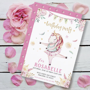 Unicorn Ballerina Pink Floral Birthday Party Invitation