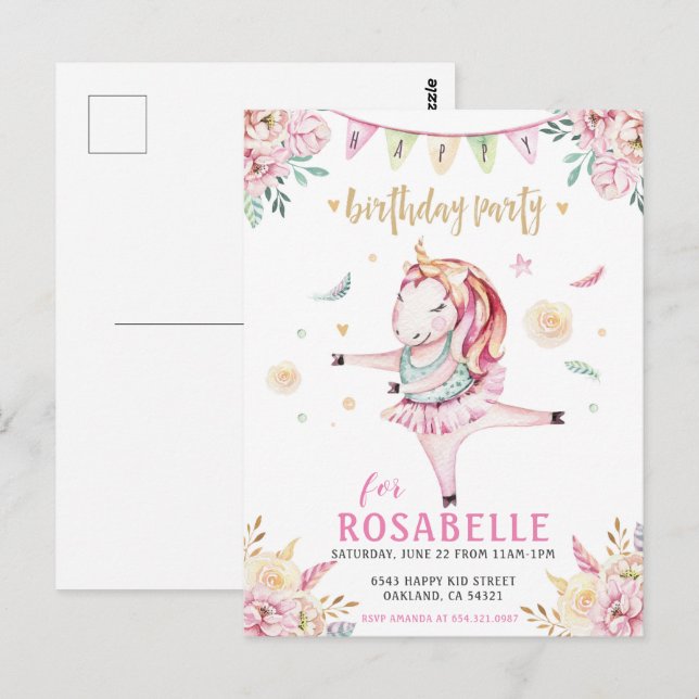 Unicorn Ballerina Rose Floral Invitation Anniversa (Devant / Derrière)