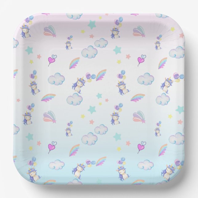 Unicorn balloon rainbow gradient  birthday party  paper plate (Front)
