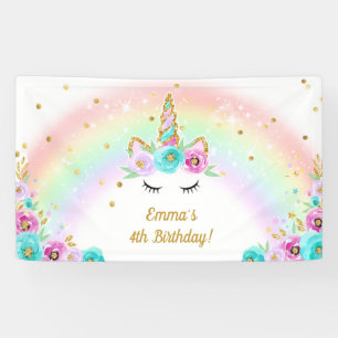 Unicorn banner with flowers and a rainbow