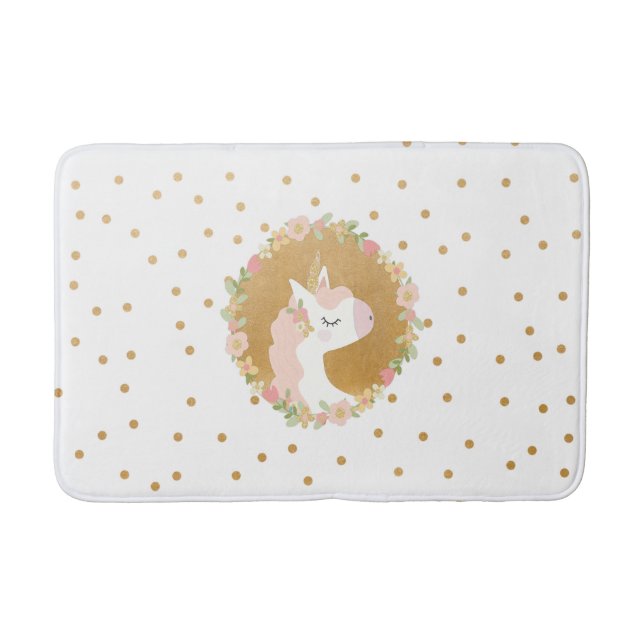 Unicorn bathroom decor, pink floral gold confetti bath mat (Front)
