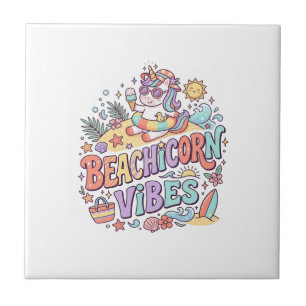 Unicorn Beachicorn Vibes Whimsical White Backgroun Tile