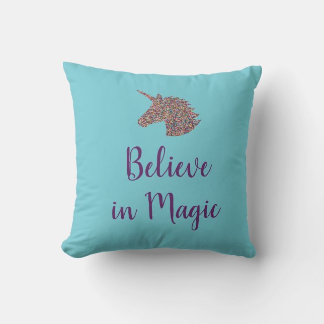 Unicorn Believe in Magic Rainbow Sprinkles Throw Pillow (Front)