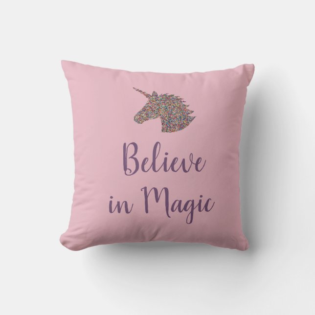 Unicorn Believe in Magic Rainbow Sprinkles Throw Pillow (Front)