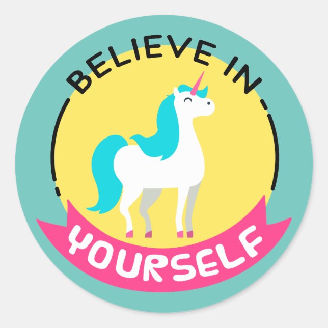 Unicorn "Believe in yourself" motivational drawing Classic Round Sticker (Front)