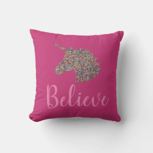Unicorn Believe Rainbow Sprinkles Hot Pink Throw Pillow