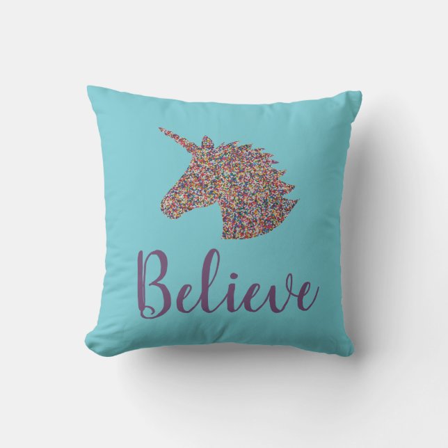 Unicorn Believe Rainbow Sprinkles Turquoise Throw Pillow (Front)